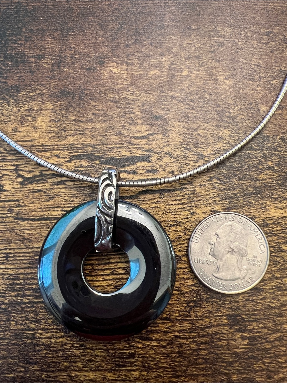 Black Hematite Donut Pendant Necklace in an Italian made 925 Omega chain